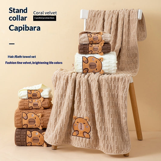 Towel And Bath Towel Set For Home Use Featuring Cartoon Designs And Soft Coral Fleece