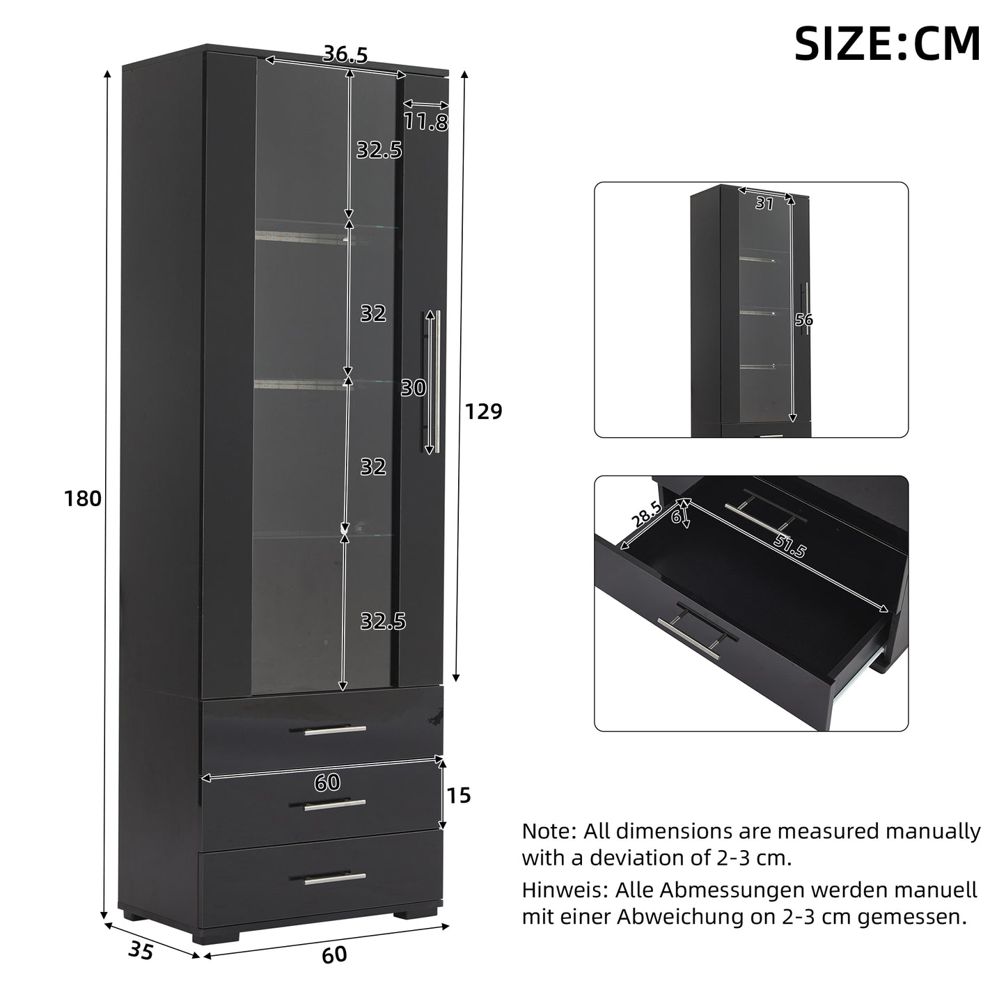 Black High Gloss Display Case, Display Cabinet Glass Display Case, Standing Display Case With LED Lighting, Vertical Display Case With 3 Drawers, 60x35x180cm