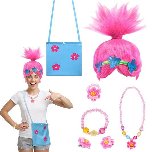 Women’s Troll Costume Set With Wig And Bag, Colorful Troll Costume For Women, Playful Halloween Costume With Troll Emblem—Party Supplies Set