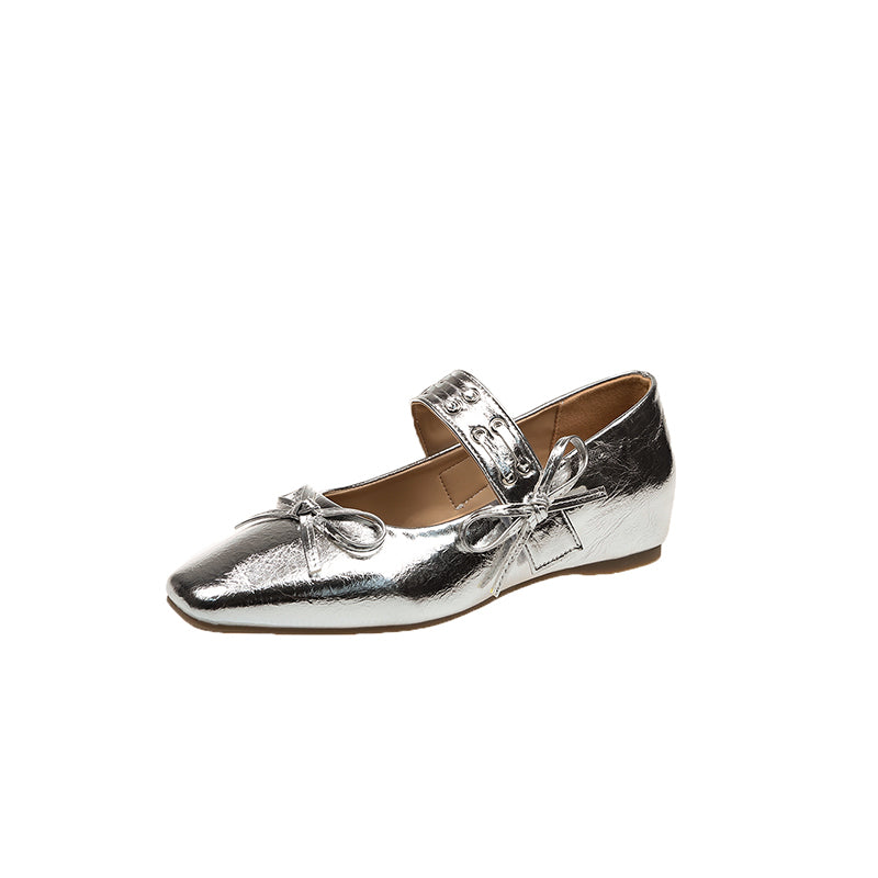 2026 New Summer Silver Hidden Heel Mary Janes For Women, French Ballet Flat Shoes With Single Strap, Match Dresses Perfectly