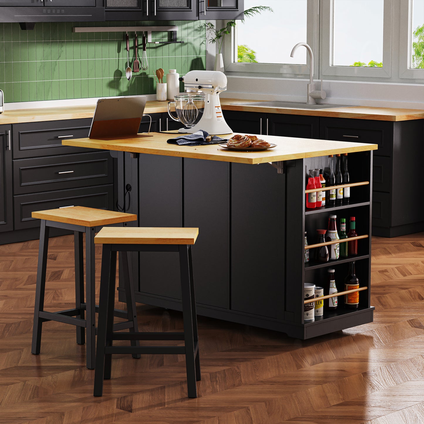 K&K 53inch Large Kitchen Island With Drop Leaf,Power Outlet,Door Internal Storage Rack,Rolling Kitchen Cart On 5 Wheels With 5 Open Side Racks For Kitchen,Black Two Packages  Stools Not Included