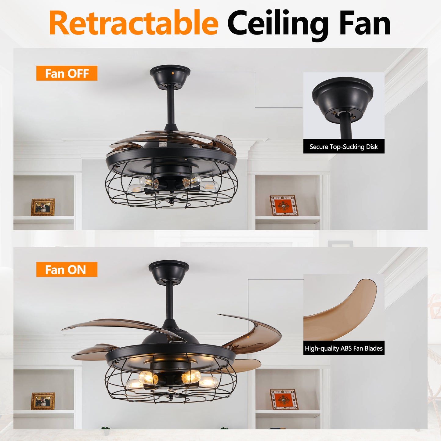 48  Black Remote Control Ceiling Fan Light   Industrial 4-Blade Fan With Cage Design And Adjustable Speed For Living Room, Bedroom, Or Office  Silent 6-Speed Reversible DC Motor Bulb Not Included