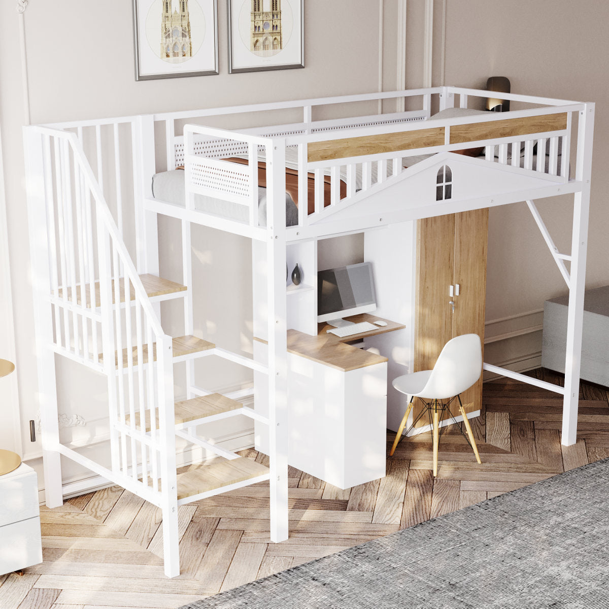 Metal Loft Bed 90 X 200 Cm, Unique Safety Border With Window, With Safety Ladder, Enough Space Under The Bed For Free Fabric Cover, White, Old SKU LDT00276AAK