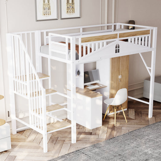 Metal Loft Bed 90 X 200 Cm, Unique Safety Border With Window, With Safety Ladder, Enough Space Under The Bed For Free Fabric Cover, White, Old SKU LDT00276AAK