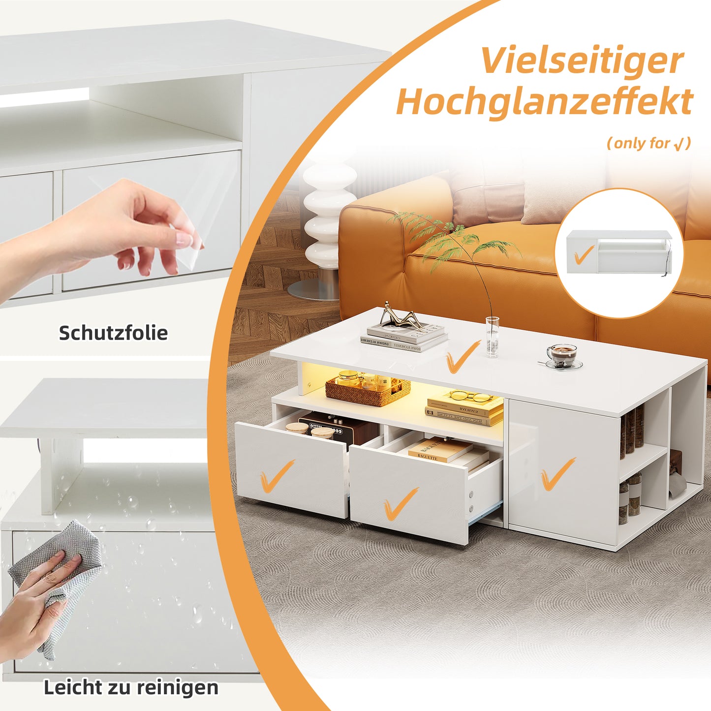 100x50x35cm Tea Table With LED, Living Room Coffee Table, Sofa Table With 2 Drawers, Coffee Table With Total Load Capacity Of 60kg, White Living Room Table With Plenty Of Storage