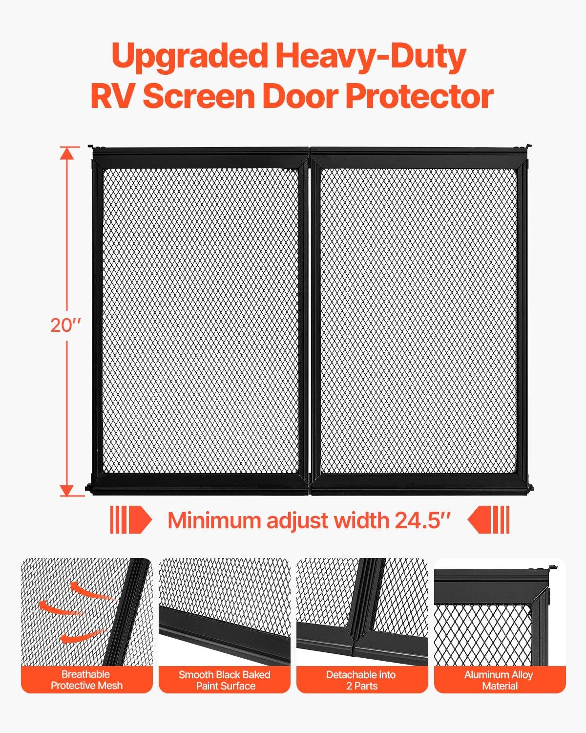 RV Screen Door Protector, 24.5 X 20 Inch Door Grille, Easy To Install And Disassemble, Reinforced Breathable Protective Mesh, Aluminum Alloy Camper RV Entry Protector For Pet Protection, Black