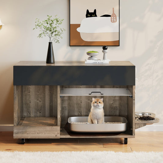 Movable Litter Box Cabinet  Litter Box Cabinet  With Cat Food Plates, Sand Drip Tray, Perforated Plate With Hook Holes, Without Litter Box, 1 0 0x45.5x67 Cm  Antique Grey-brown Colour, Oak Wood Colour