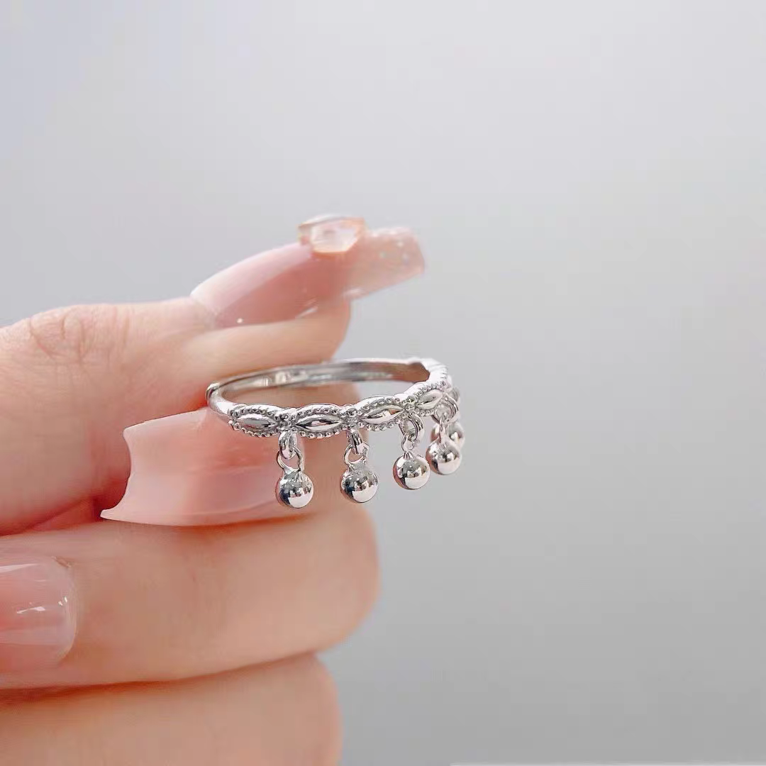 1pc 999 Sterling Silver Filigree Beaded Tassel Open Ring, Sweet & Elegant, Perfect For Daily, Dating & Gifting, Ideal Valentine's Gift