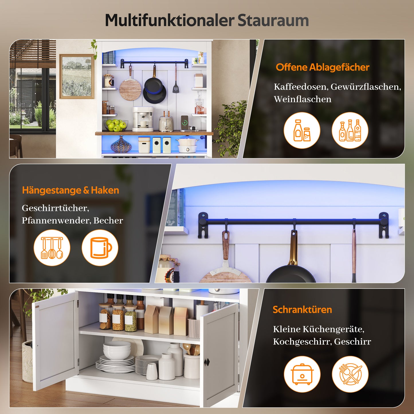 183cm Kitchen Cabinet With LED Lighting And Socket, Pantry Cabinet, Display Cabinet And Wine Cabinet With Hook For Kitchen, Dining Room, Study And Bedroom