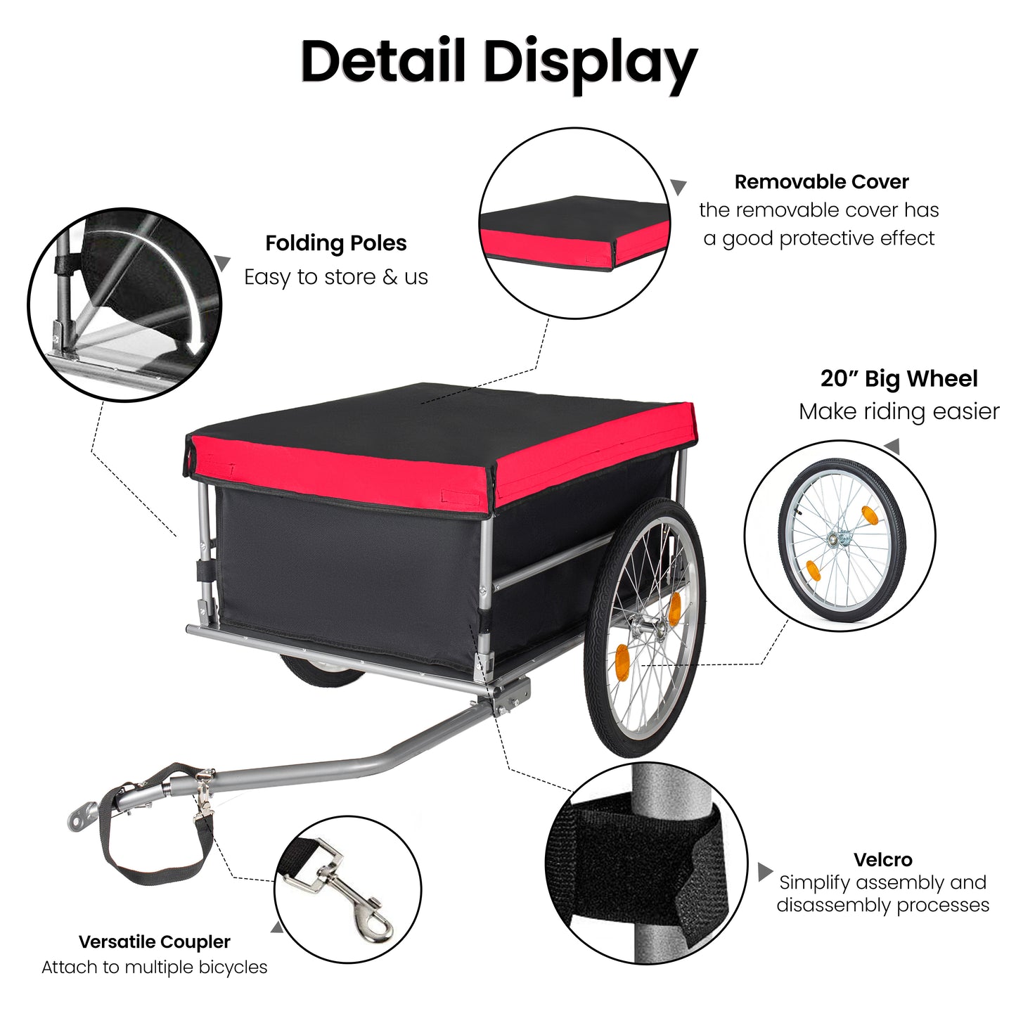 Foldable Bicycle Bike Cargo Trailer With 20 Wheels, Removable Cover, Folding Frame Quick Release, Bike Cart Bike Wagon Trailer For Luggage, Tools, Groceries. Black Red