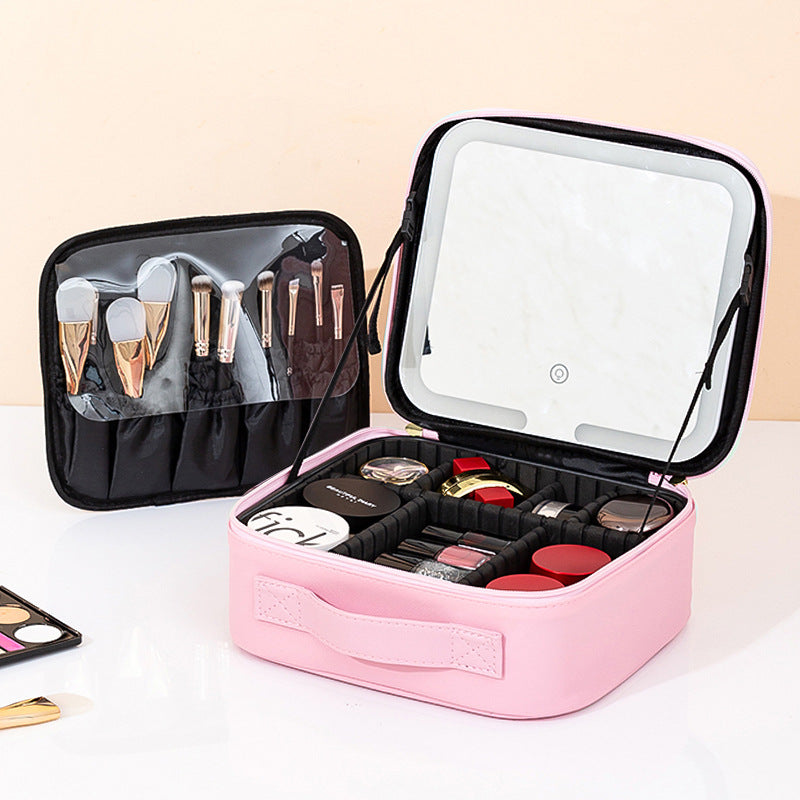 Makeup Bag With Mirror And Light Rechargeable PU Leather Travel Storage Box