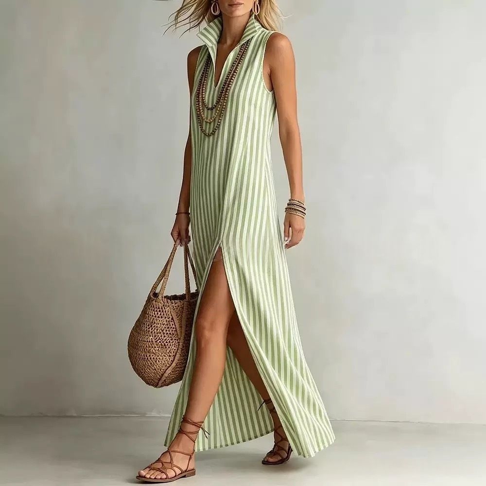 Seasonal New Womens Striped Stand Collar Side-Slit Camisole Dress