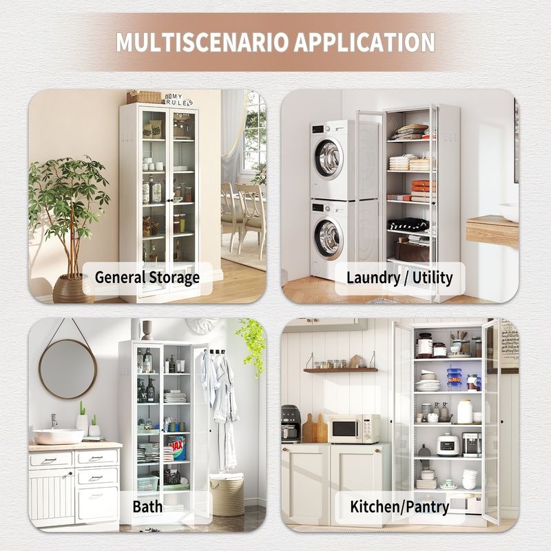 Metal Kitchen Pantry Cabinet - 72in Tall Storage W 5 Adjustable Shelves, White Freestanding Unit For Kitchen Pantry & Living Room