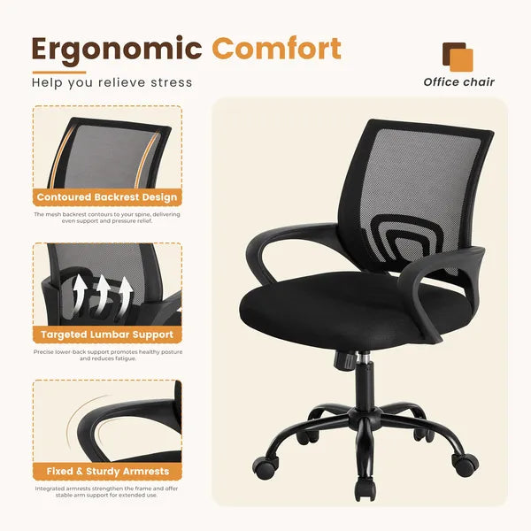 Ergonomic Office Desk Gaming Chair Mid Back With Lumbar Support Rocking Mode Height Adjustable With Fixed Armrest For Office