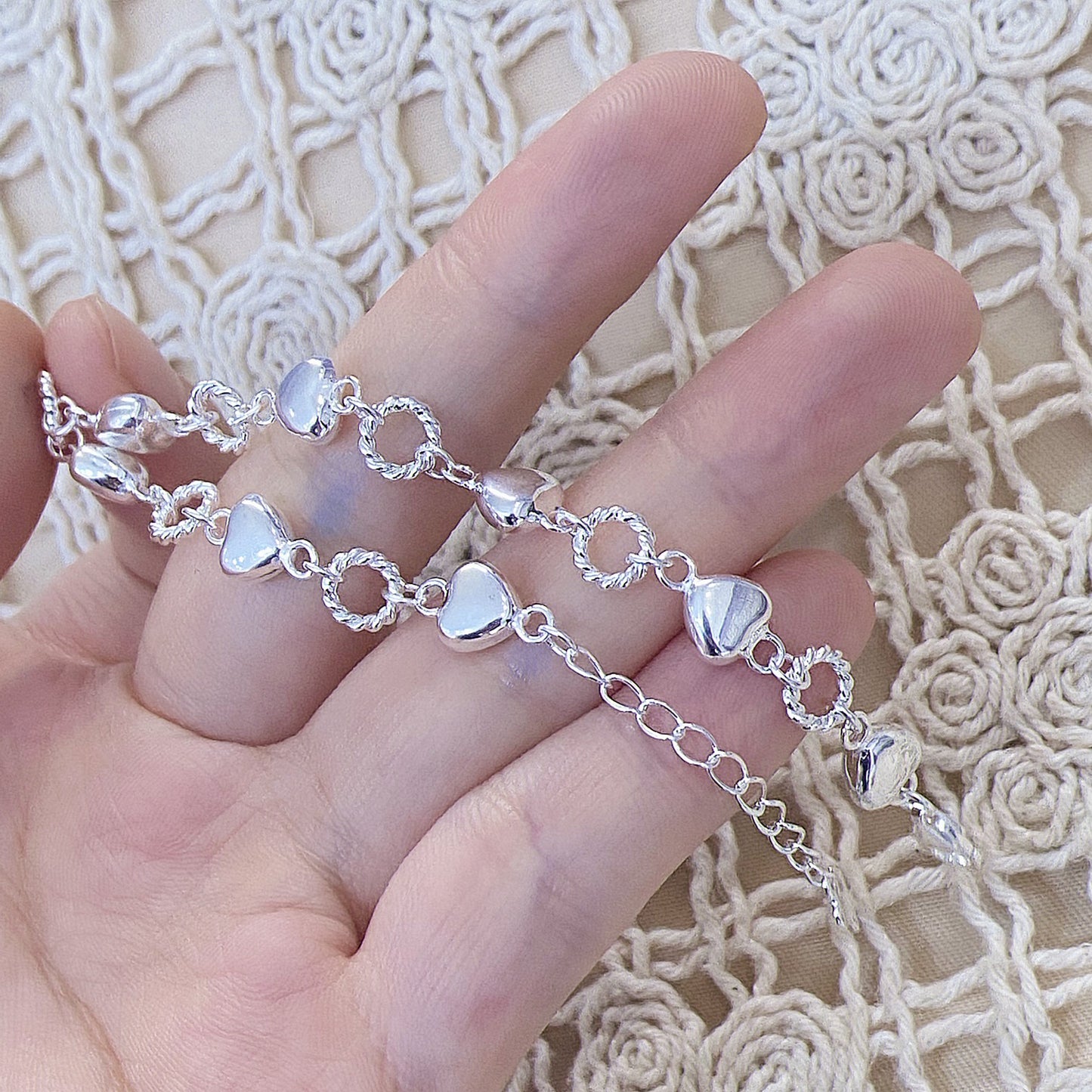 1pc 999 Sterling Silver Heart & Twisted Ring Link Bracelet, Sweet Minimalist Style, Perfect For Daily Wear & Valentine's Gifts