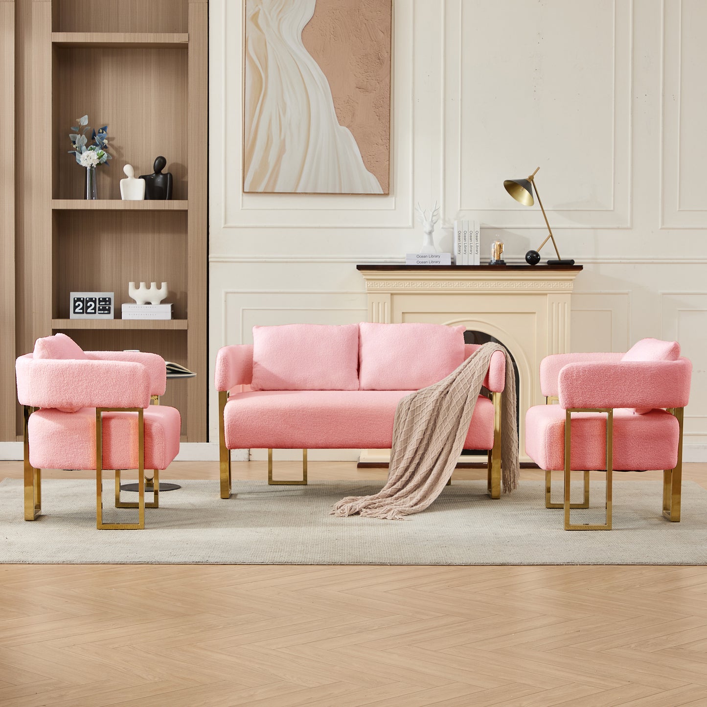TS Modern Decorative Chair, Living Room Side Chair With Gold Metal Legs, No Wheels, Suitable For Dressing Area, Reception Room, Office,Teddy Fleece Upholstered Metal Foot Sofas   Combo Set