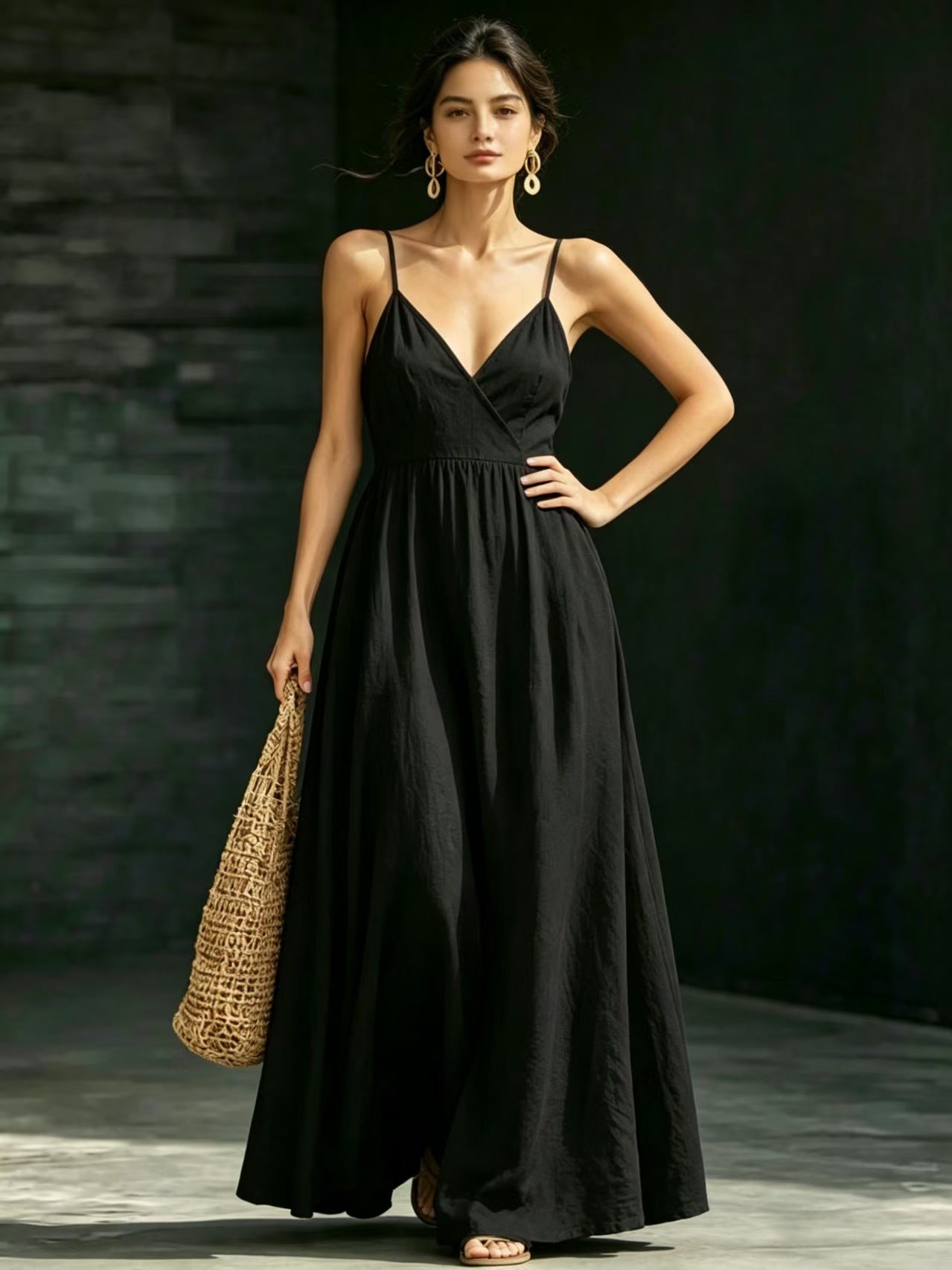 Summer V-Neck Spaghetti Strap Maxi Dress With Pockets - Elegant Vacation & Office Wear For Women