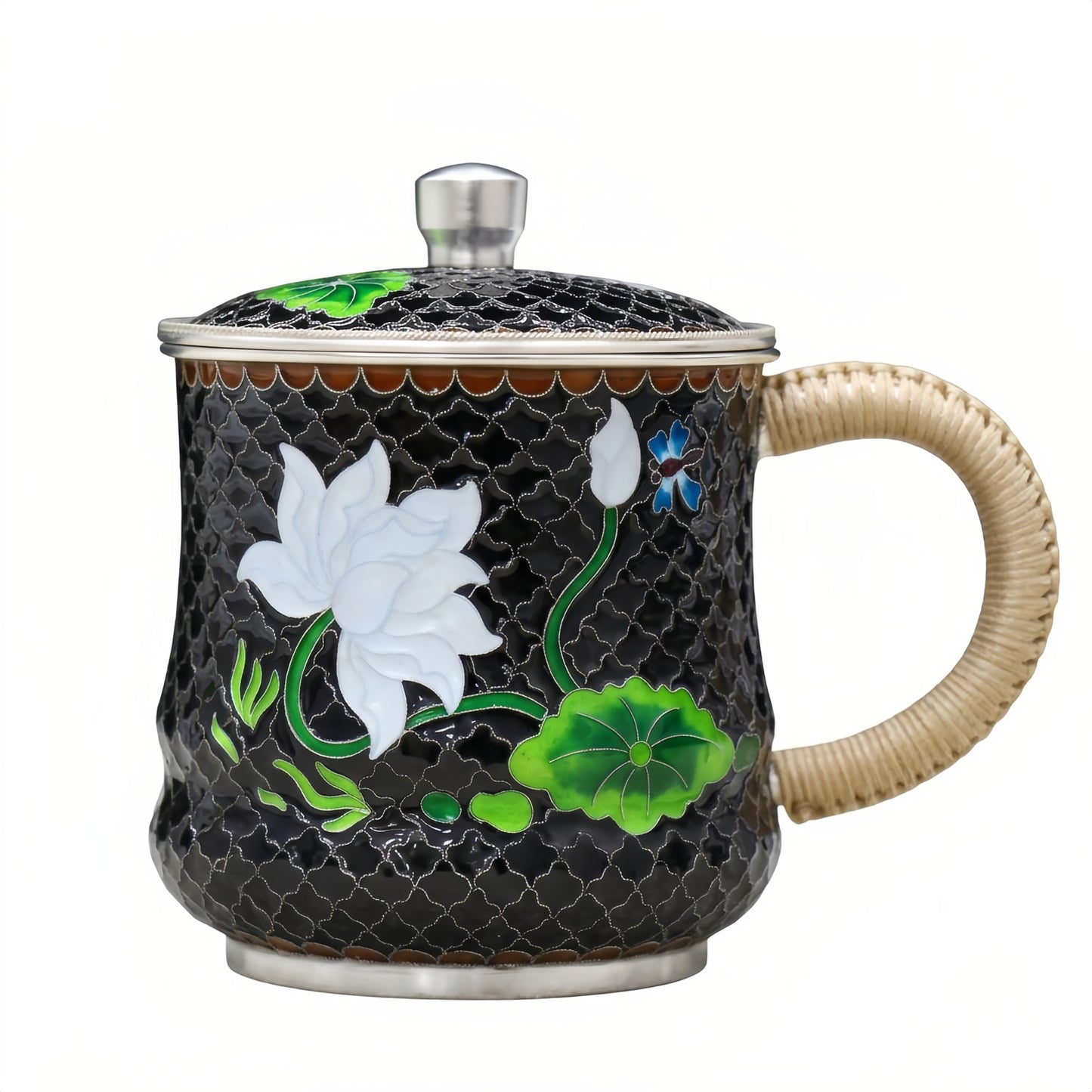 925 Sterling Silver Handcrafted Cloisonne Enamel Tea Mug with White Lotus Design and Woven Handle - Handicraft