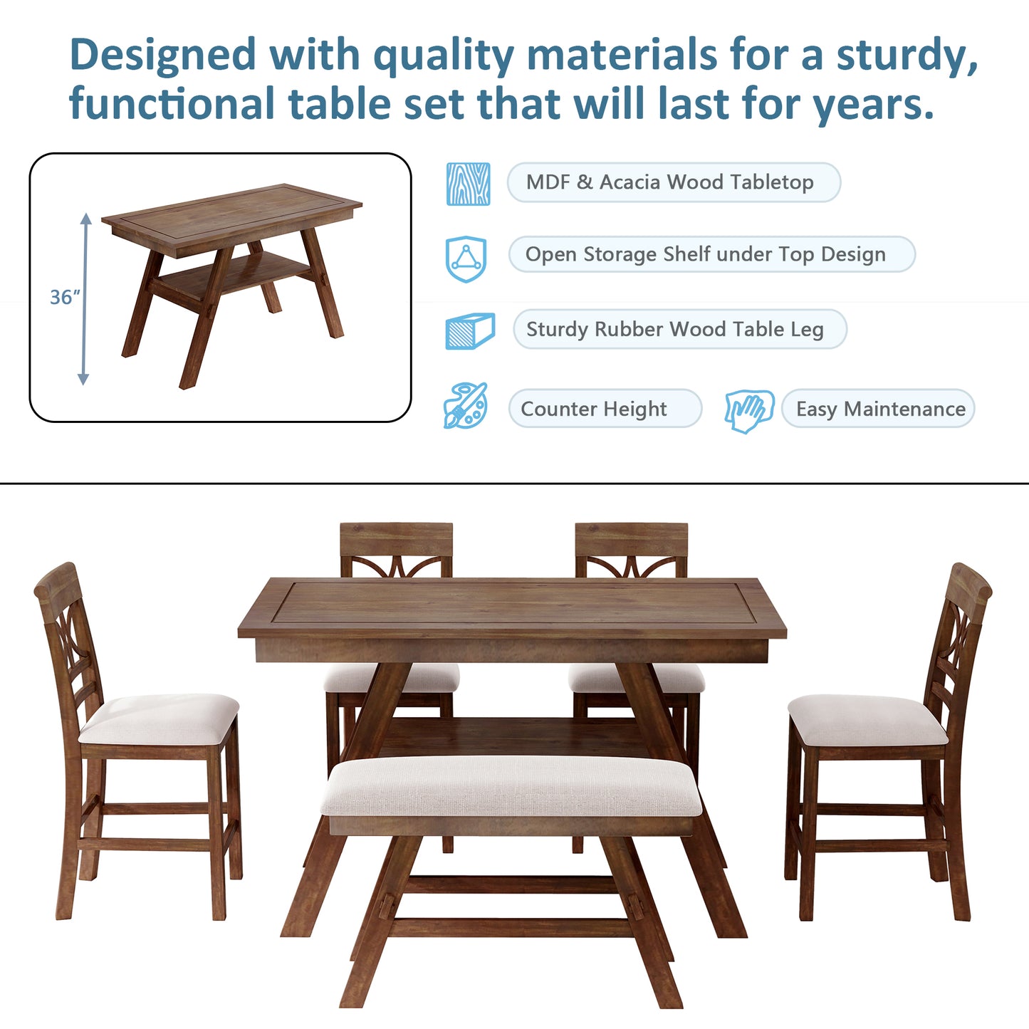 TOPMAX 6-Piece Wood Counter Height Dining Table Set With Storage Shelf, Kitchen Table Set With Bench And 4 Chairs,Rustic Style, Walnut Beige Cushion  Old Sku N717S000257AAD