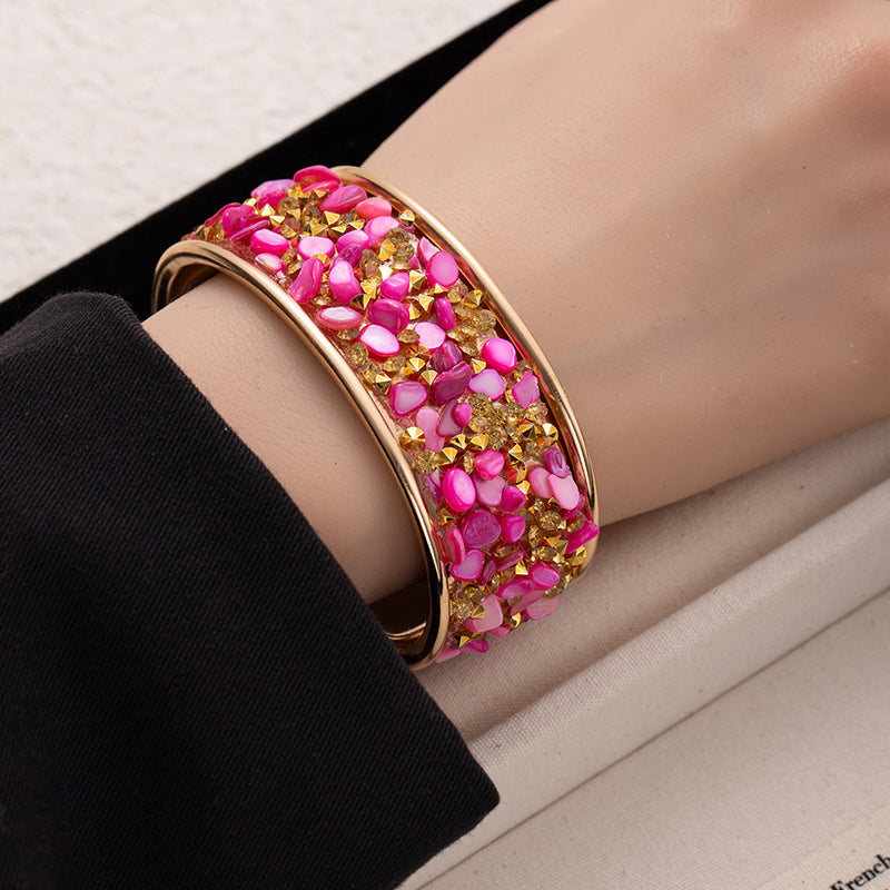 Cross-border European And American Style Color Gravel Wide-sided Open Bracelet Burst Flash Encrusted Diamond Bracelet Men's And Women's Personality Fashion Cool Hand Jewelry