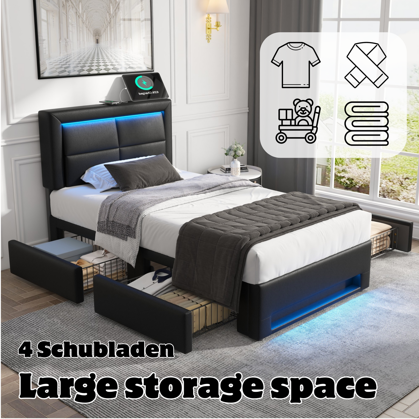 Upholstered Bed 90x200 Cm, With USB Port  Supports Wireless And Wired Charging , With LED Lighting And Four Drawers, Without Mattress, PU Lychee Pattern, Black