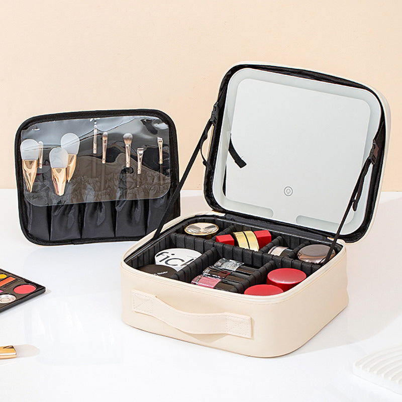 Makeup Bag With Mirror And Light Rechargeable PU Leather Travel Storage Box