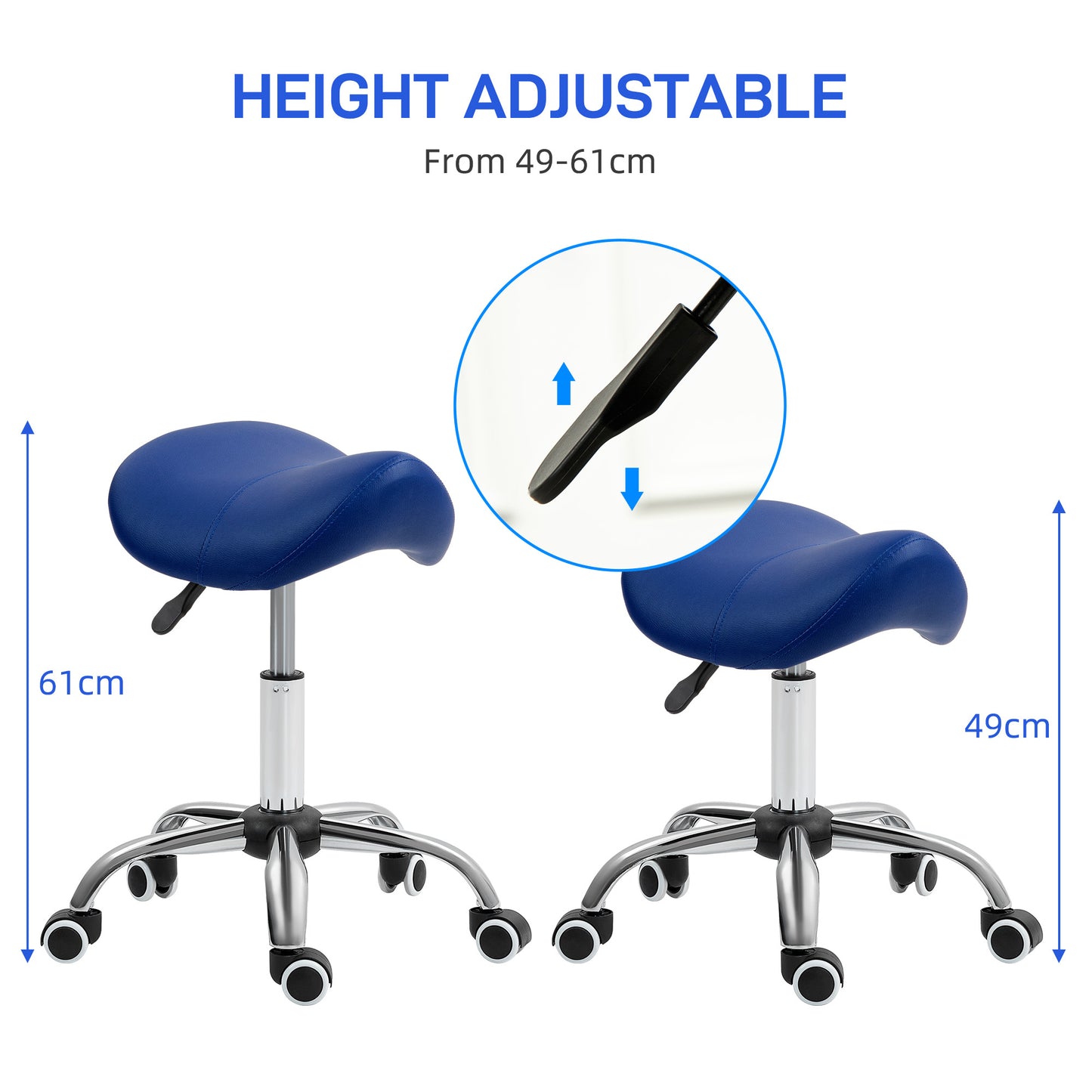 Saddle Stool, Height Adjustable Salon Chair For Massage Spa, Faux Leather, Dark Blue