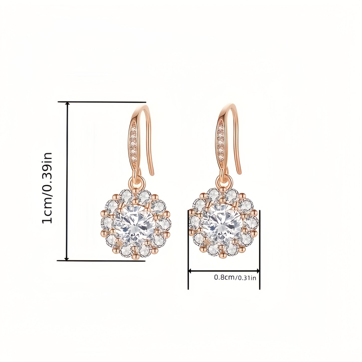 Sunburst Double Halo Round Clear CZ Leverback Dangle Drop Earrings For Women, Copper Rose Gold Plated Bridal Wedding Anniversary Fine Jewelry Gift