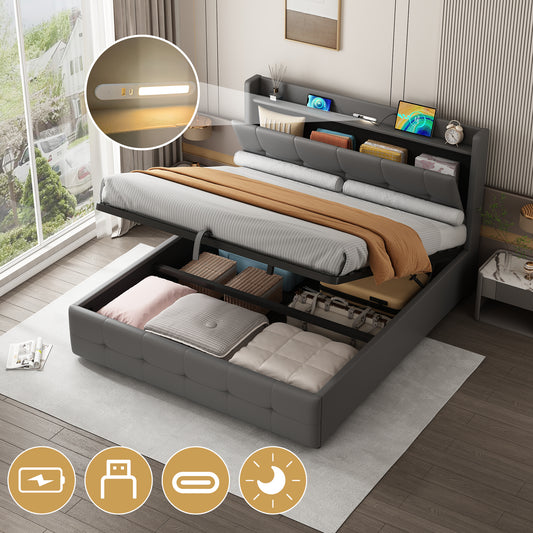 5ft King Upholstered Bed Frame With Hydraulic Storage, PU Leather Ottoman Bed With Concealed Headboard Storage, Double Bed With Charging Station And LED Night Light,  Grey No Mattress