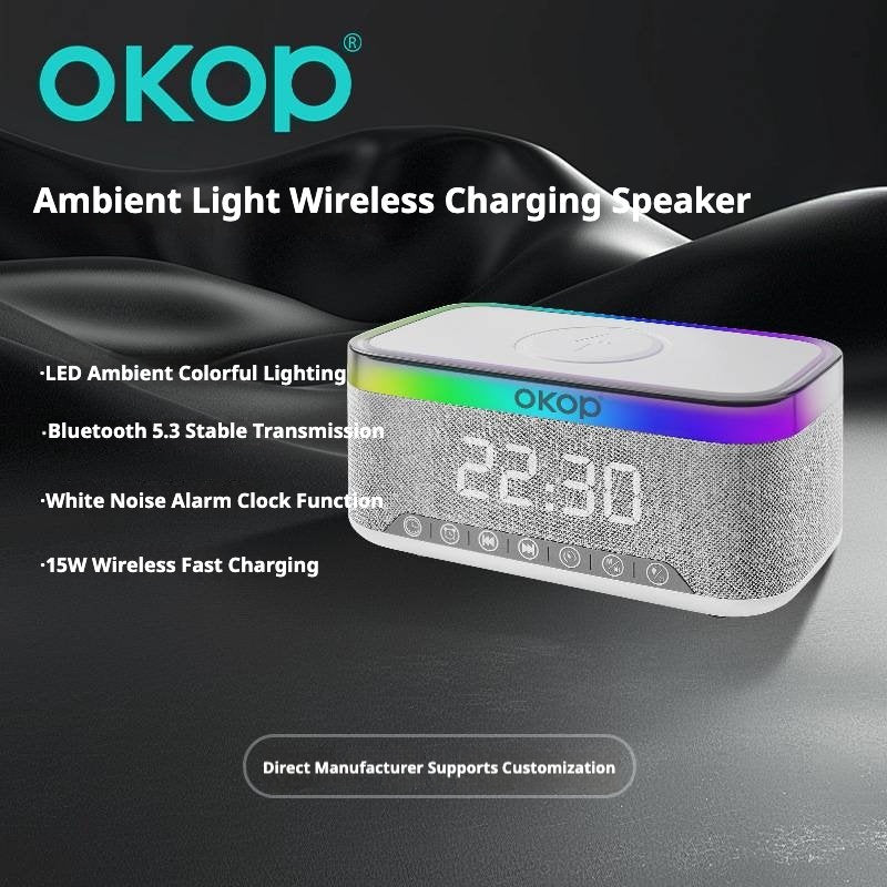 KP-559 15W Wireless Charging Clock Alarm Clock RGB Ambient Light White Noise Desktop Bluetooth Speaker