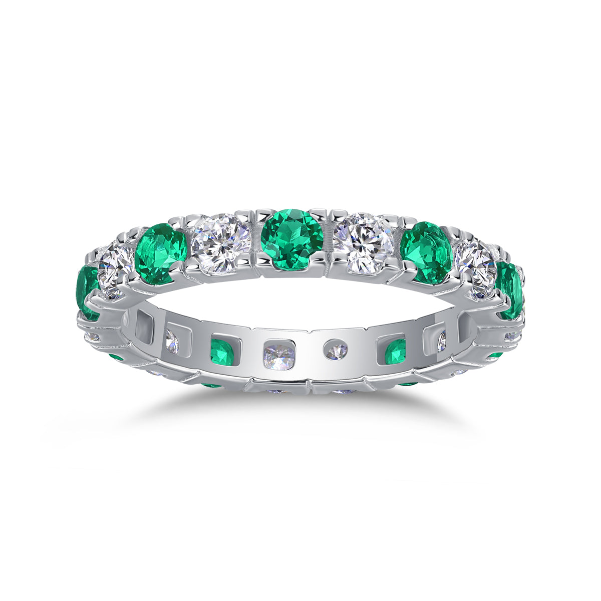 2.4g S925 Silver Platinum Plated Alternating Eternity Ring  Green & White Gemstone Full Band, Stackable Dainty Promise Ring For Women, Jewelry Gift Box Set