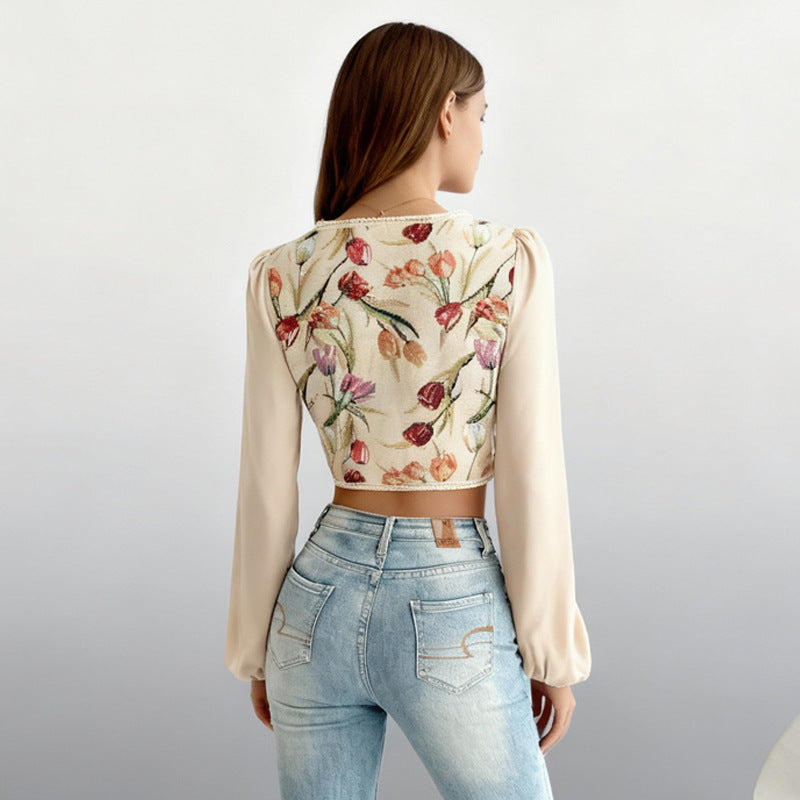 Women's French-style Afternoon Tea Court Hepburn-style Floral Top
