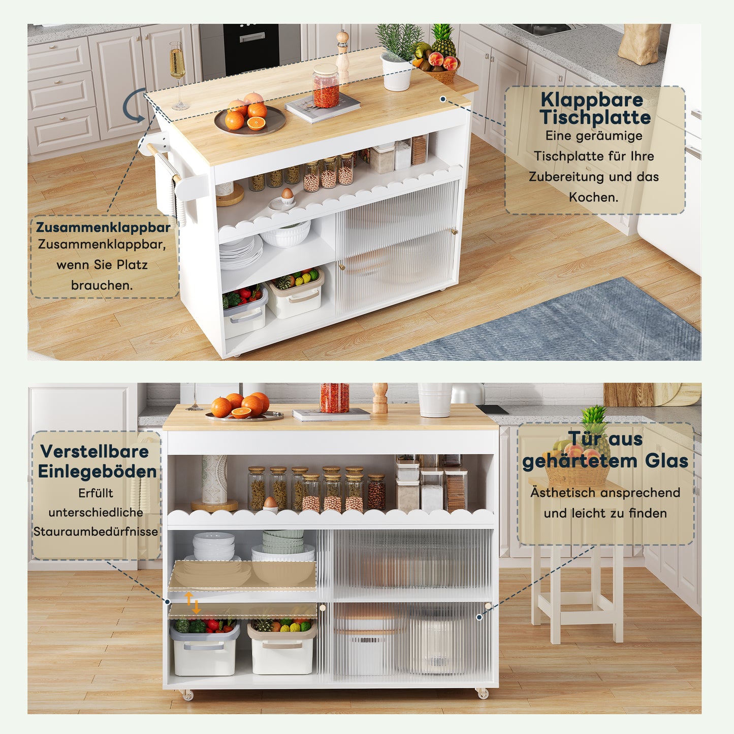 122 X 46  X 91cm, Folding Kitchen Island Cart, Oak Veneer Worktop, Tempered Glass Sliding Doors, Adjustable Shelves, Towel Rail, Large Kitchen Island Cart