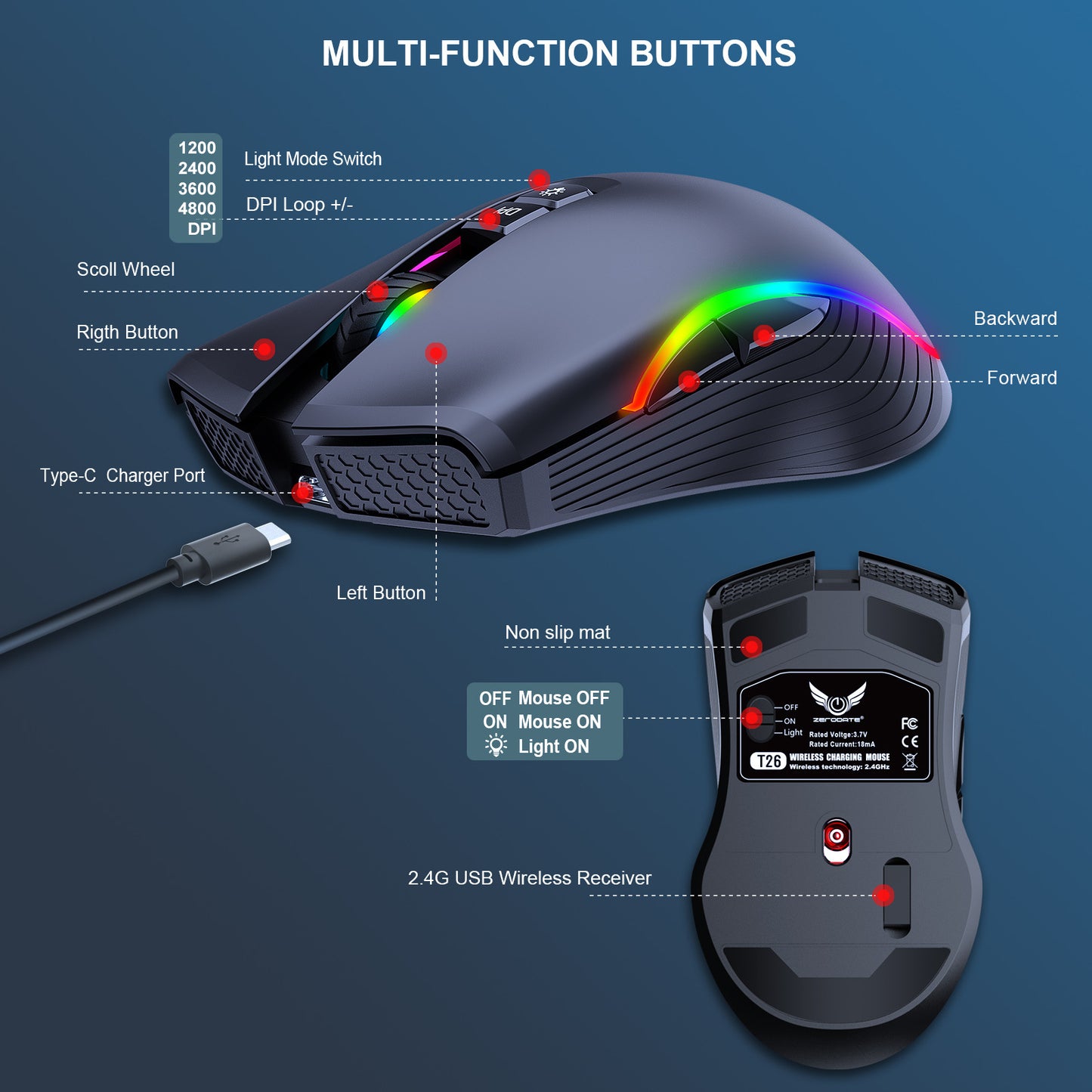 Wireless Gaming Type-C Charging Interface RGB Dazzling Light Bluetooth Optical Mouse