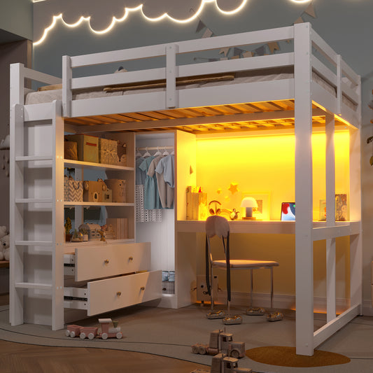 Loft Bed 140x200 With 2 Drawers And Shelves, Underbed Desk, LED Light And USB, White