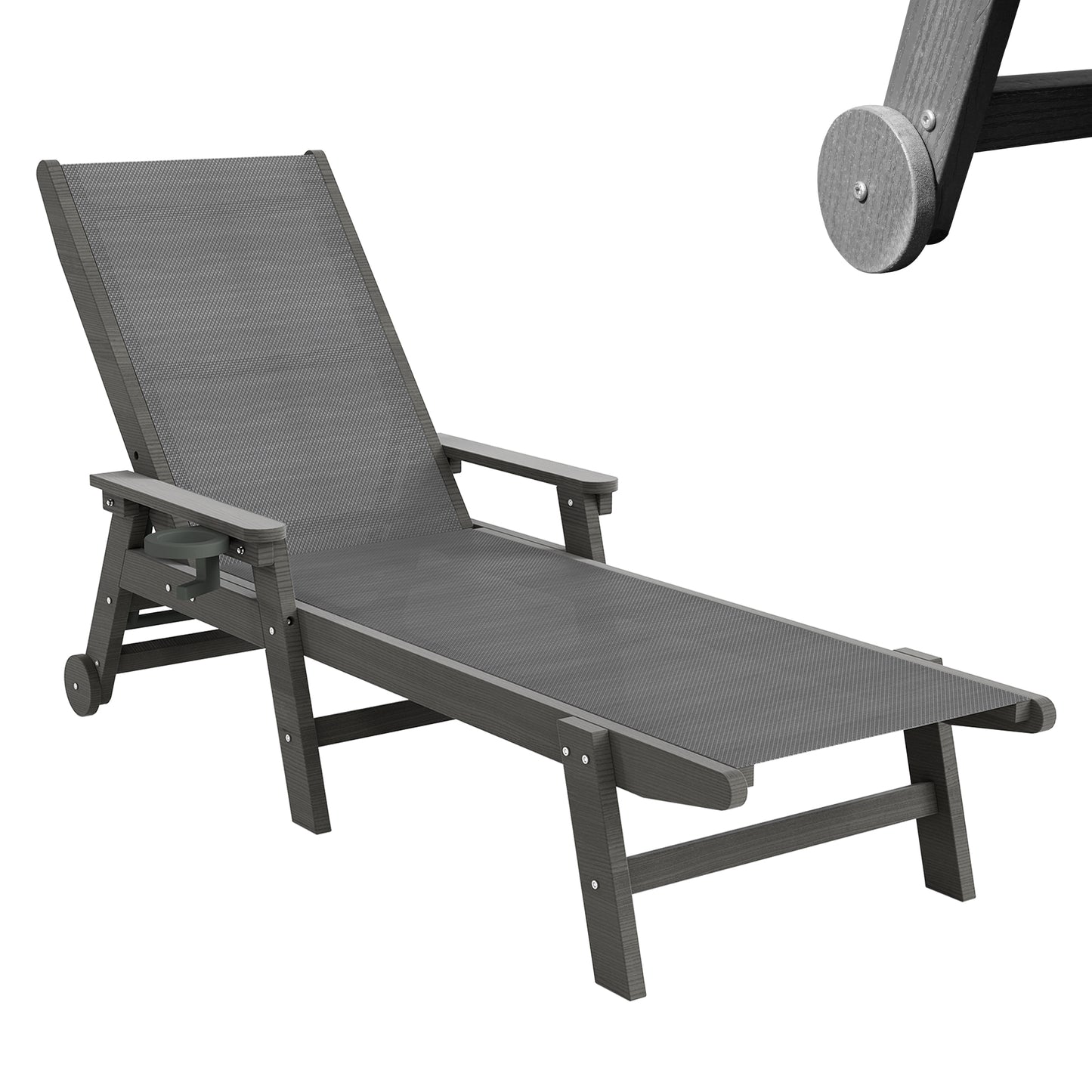 Lounge Chair Outdoor, HDPE Chaise Lounge Outdoor With Wheels, Patio Lounge Chair Adjustable 5-Position Recliner For Patio, Poolside, Yard, Dark Grey