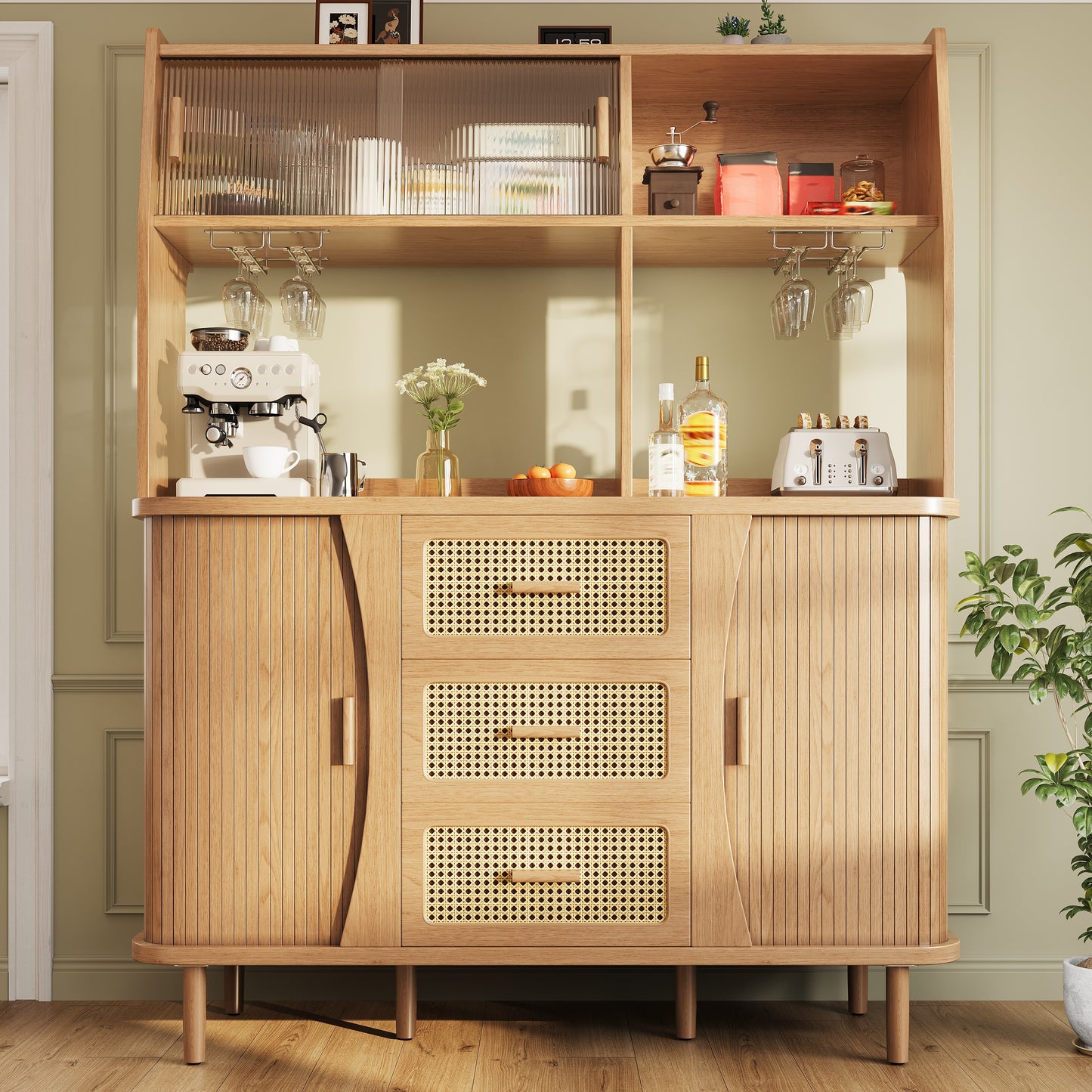 High-quality Sideboard With Rattan Look And Glass Sliding Doors, 174.5 Cm High Kitchen Cabinet With Storage Space, Natural Wood Walnut Look