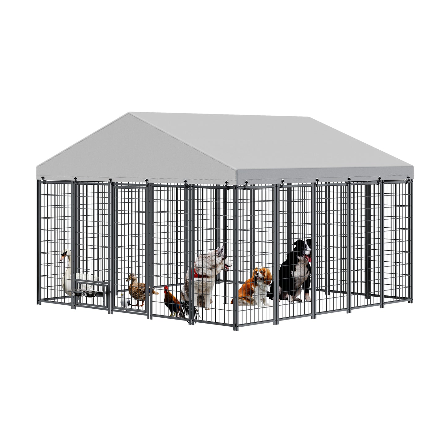 Large Dog Kennel Outdoor Pet Pens Dogs Run Enclosure Animal Hutch Metal Coop Fence With Roof Cover. 9.61'L X 9.45'W X 6.77'H.