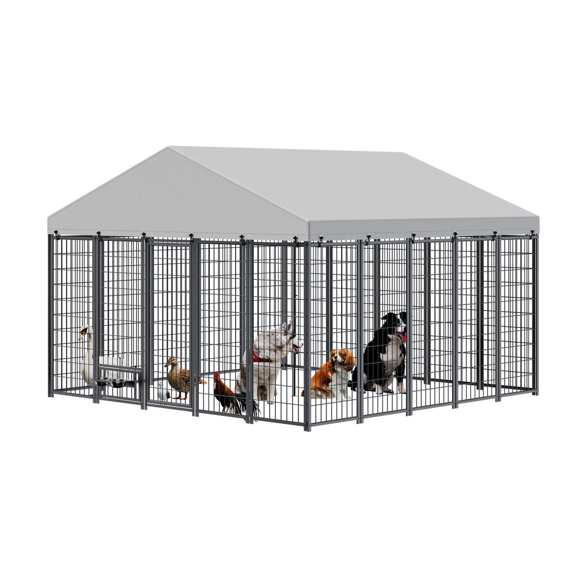 Large Dog Kennel Outdoor Pet Pens Dogs Run Enclosure Animal Hutch Metal Coop Fence With Roof Cover. 9.61'L X 9.45'W X 6.77'H.