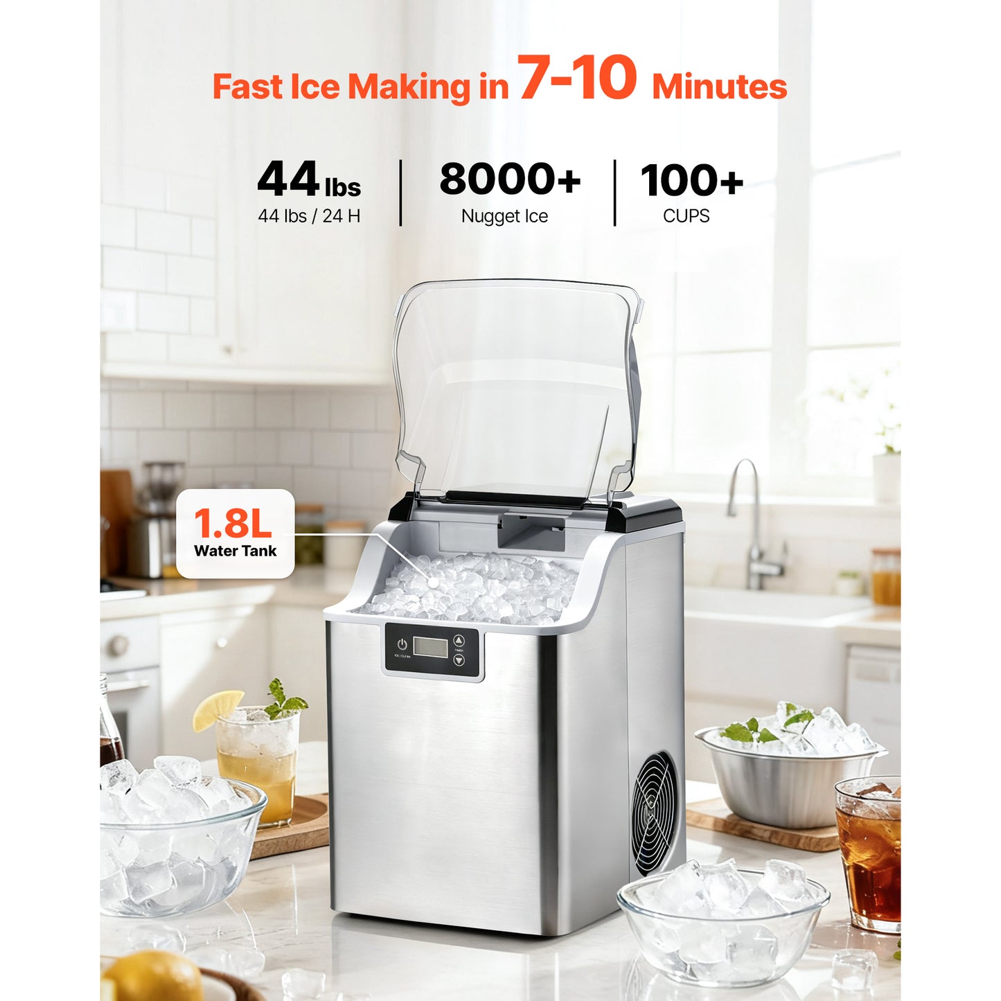 Countertop Ice Maker, 44 Lbs Per Day, Self-Cleaning Portable Machine With Scoop, 4 Lbs Ice-Storage Basket, Nugget Ice-Making Machine With Chewable Ices For Home, Kitchen, Office, Bar & Party