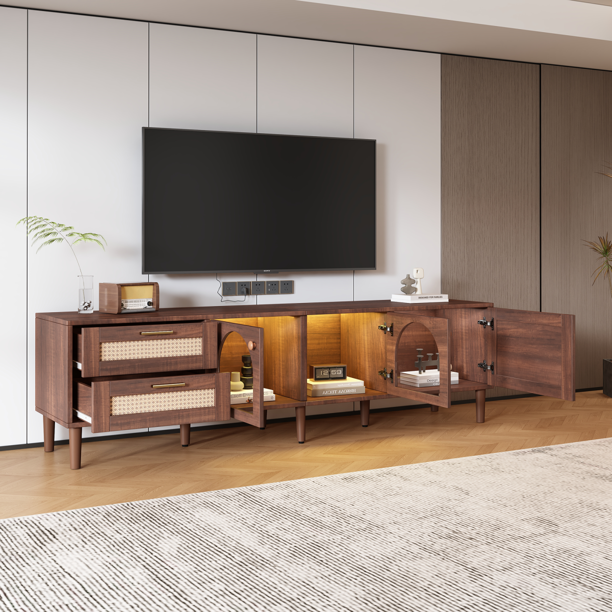 180cm Brown TV Cabinet For 80 TV  With 2 Rattan Drawers, 2 Arched Glass Doors And 1 Rattan Door, LED Lighting, Provides Stylish Storage, TV Board