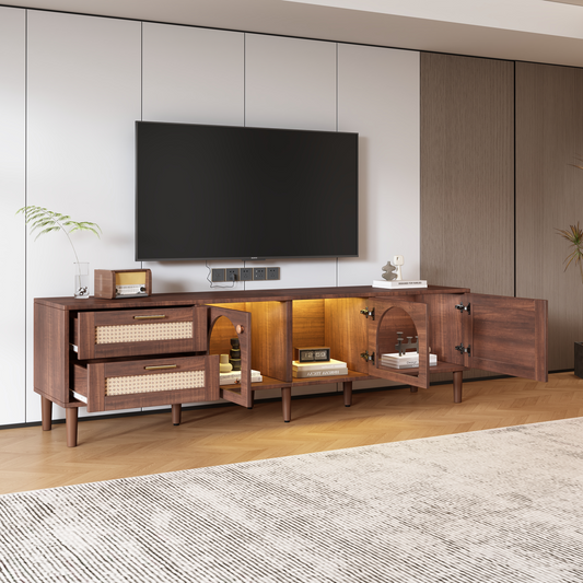 180cm Brown TV Cabinet For 80 TV  With 2 Rattan Drawers, 2 Arched Glass Doors And 1 Rattan Door, LED Lighting, Provides Stylish Storage, TV Board