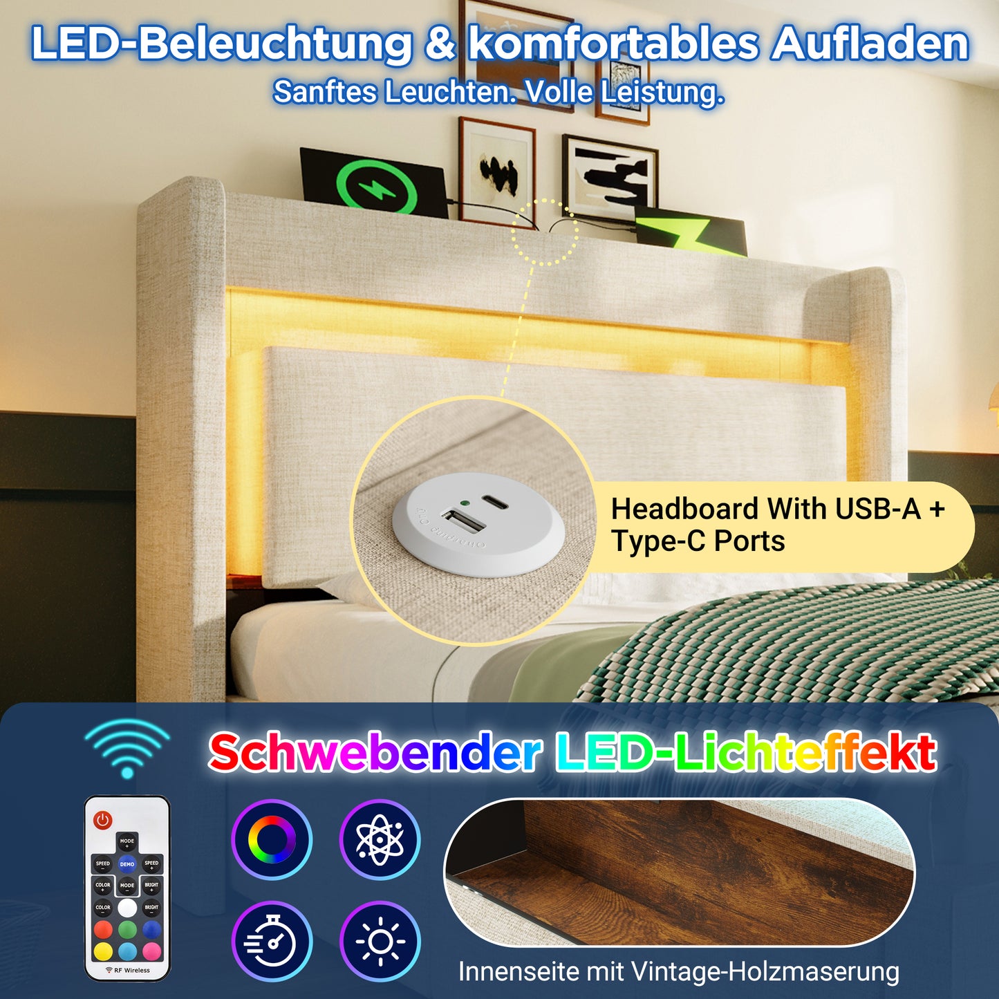 Upholstered Bed 90x200 Cm With Hydraulic Storage And Headboard With Storage Compartment, LED Lighting And USB & USB-C Port, Wooden Bed Frame, Beige, Linen, Without Mattress