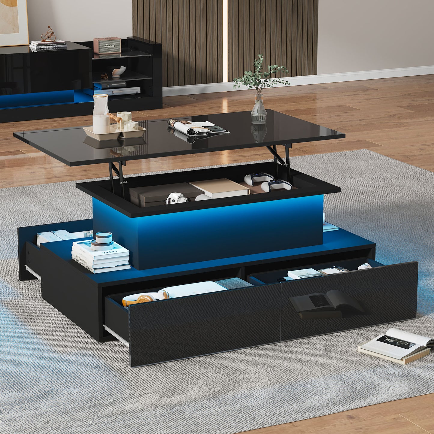 Modern Black High Gloss Coffee Table With LED Lighting And 4 Drawers - Stylish Side Table 90x55x41 Cm With Storage For Up To 30 Kg