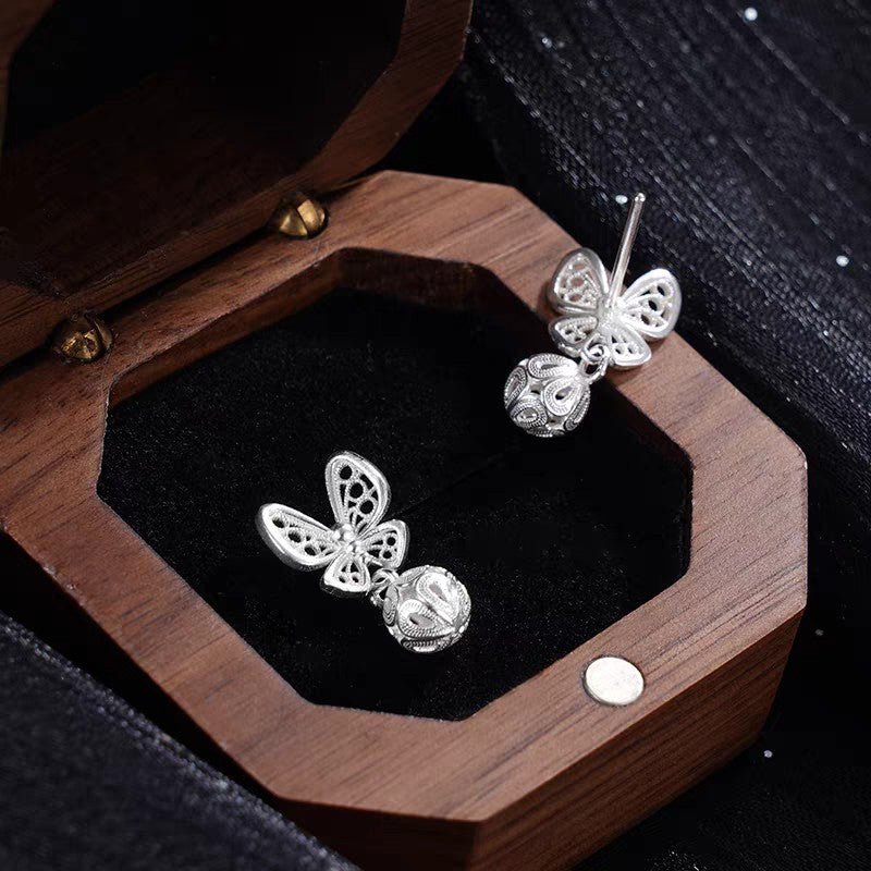 1 Pair 999 Sterling Silver Filigree Hollow Butterfly Palace Bell Stud Earrings, Retro & Elegant, Perfect For Daily, Dating & Gifting, Ideal Valentine's Gift