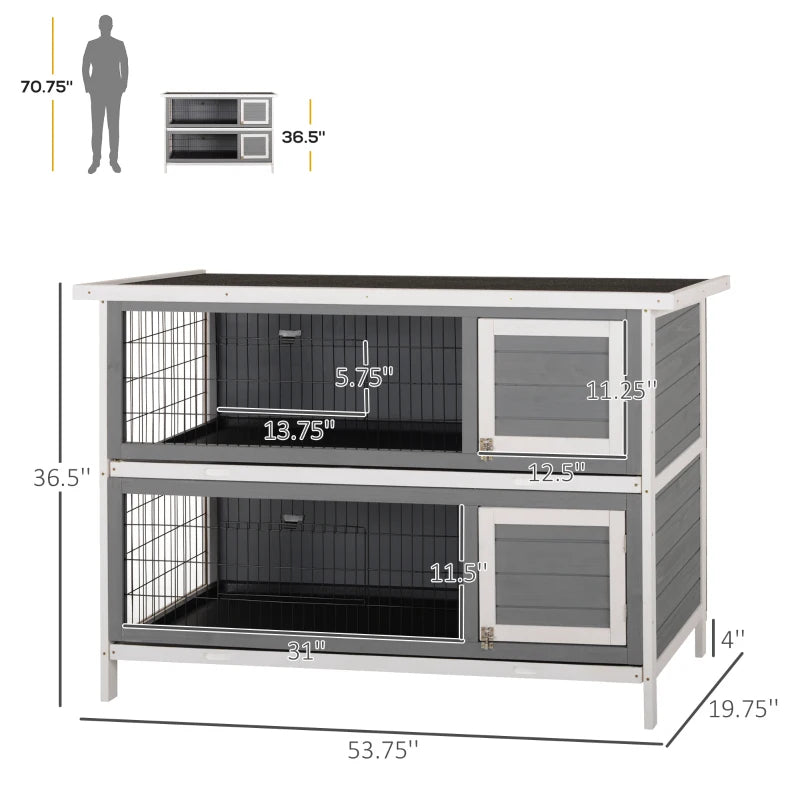 PawHut 54 2-Story Large Rabbit Hutch Bunny Cage Wooden Pet House Small Animal Habitat With Lockable Doors, No Leak Tray And Waterproof Roof For Rabbits, Chickens, Ducks, Outdoor Indoor Dark Gray