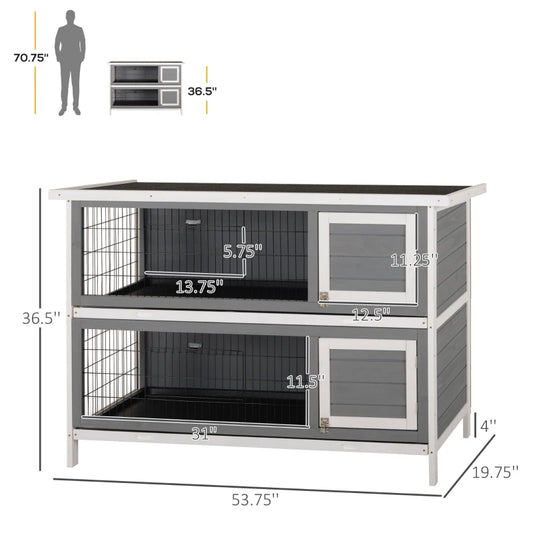 PawHut 54 2-Story Large Rabbit Hutch Bunny Cage Wooden Pet House Small Animal Habitat With Lockable Doors, No Leak Tray And Waterproof Roof For Rabbits, Chickens, Ducks, Outdoor Indoor Dark Gray