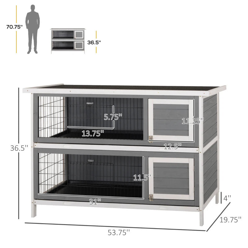 PawHut 54 2-Story Large Rabbit Hutch Bunny Cage Wooden Pet House Small Animal Habitat With Lockable Doors, No Leak Tray And Waterproof Roof For Rabbits, Chickens, Ducks, Outdoor Indoor Dark Gray