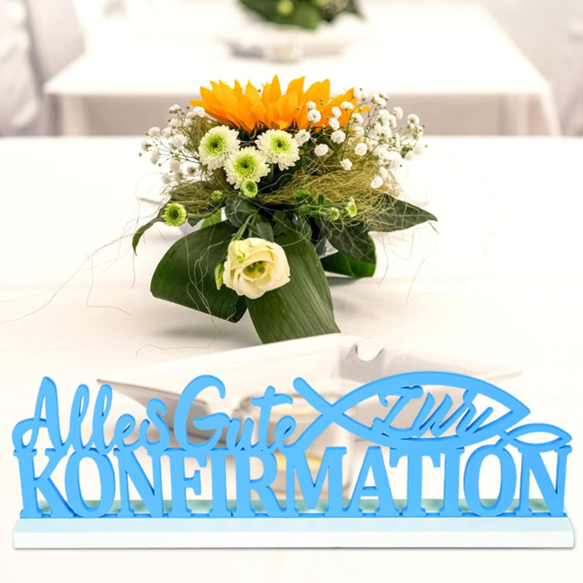 50-Piece Confirmation Table Decoration Set With Wooden “All The Best For Your Confirmation” Sign, Wooden Fish Scatter Decorations In Blue And White—Wooden Decorations For Confirmation And Communion