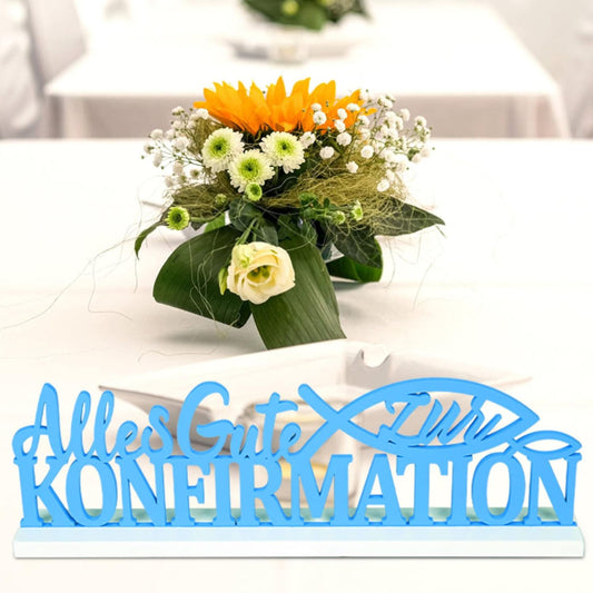 50-Piece Confirmation Table Decoration Set With Wooden “All The Best For Your Confirmation” Sign, Wooden Fish Scatter Decorations In Blue And White—Wooden Decorations For Confirmation And Communion